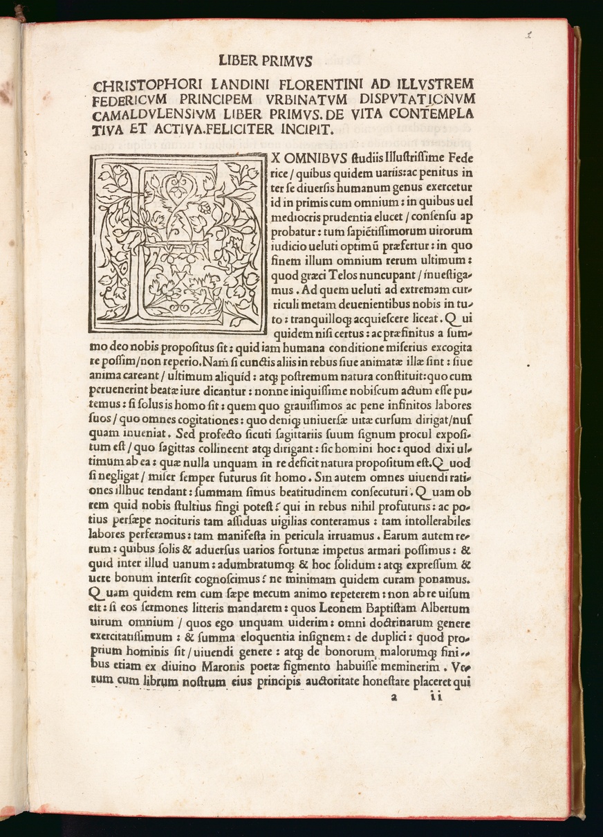Landino Cristoforo, Disputationum Camaldulensium libri 4, c. 1 recto