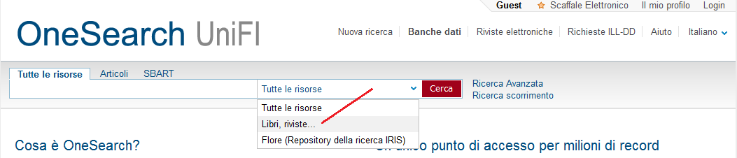 Menù tendina OneSearch