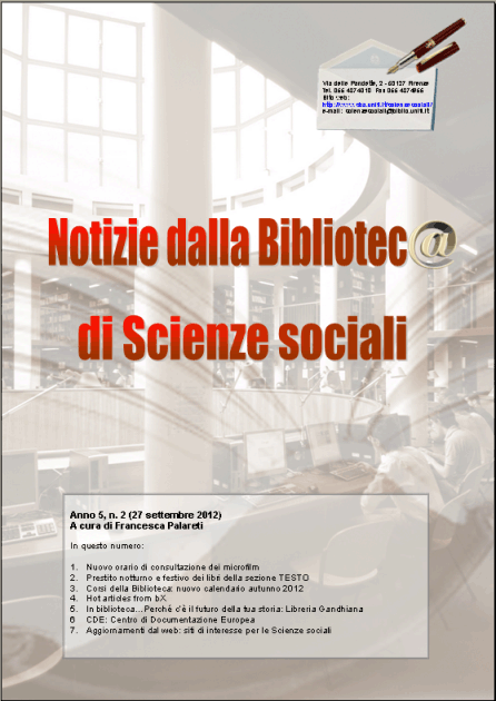 Newsletter della Biblioteca di Scienze sociali, settembre 2012