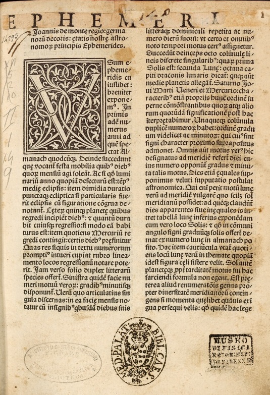 Regiomontanus Iohannes, Ephemerides 1484-1506, carta 1 recto, ritaglio