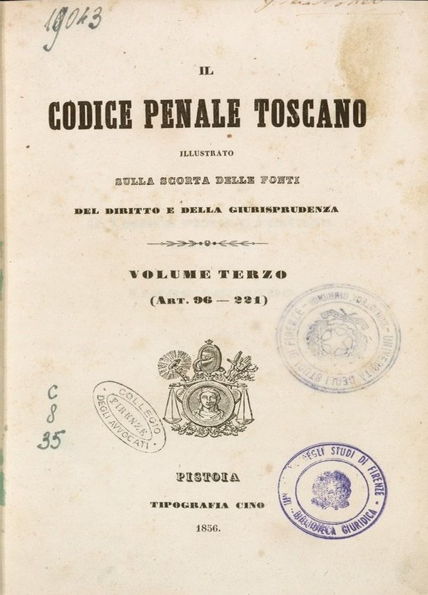 Il Codice penale toscano illustrato, 1856, frontespizio ritaglio