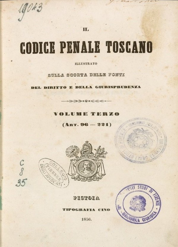Il Codice penale toscano illustrato, 1856, frontespizio ritaglio