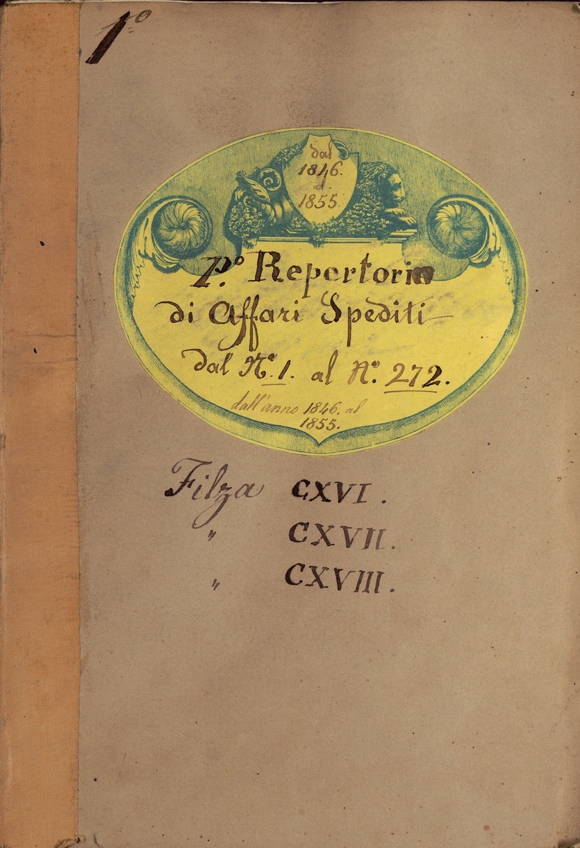 Fondo Collegio medico, Repertori delle filze degli Affari e delle Adunanze e dei relativi Decreti 1846-1855, coperta ant.