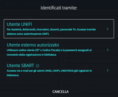 Scelta utente Login OneSearch Unifi