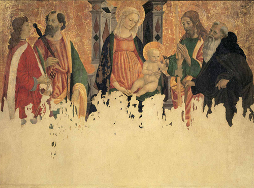 Madonna in trono col Bambino e i santi Sebastiano, Simone zelota, Giuda Taddeo e Antonio abate, 1480