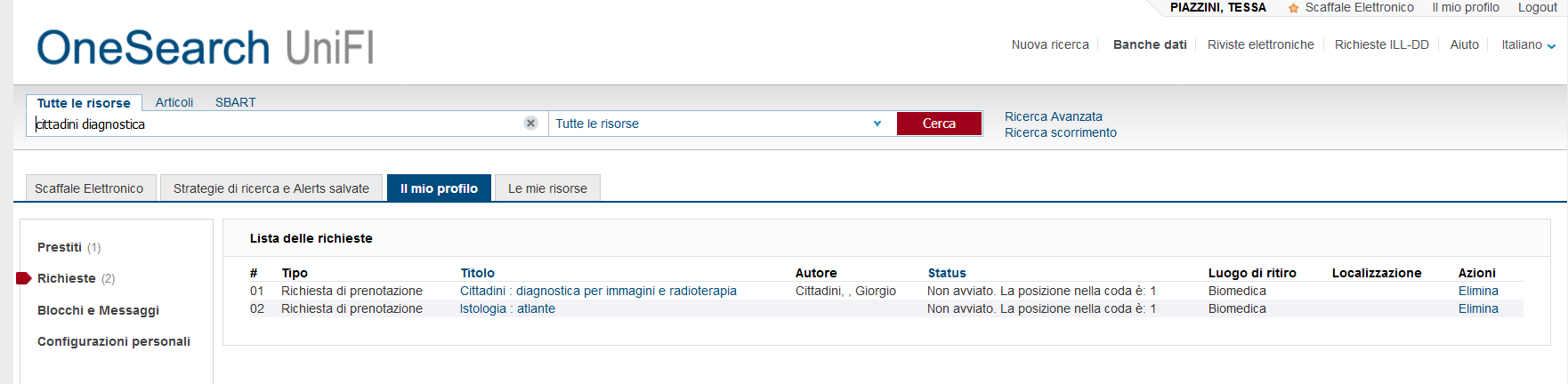 Lista prenotazioni OneSearch Unifi Lista prenotazioni OneSearch Unifi