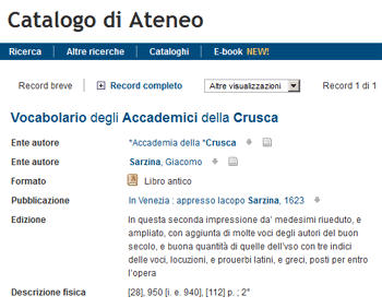 un record bibliografico della Crusca nel Catalogo di Ateneo