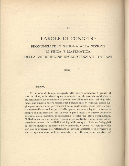 Parole di congedo pronunziate in Genova alla sezione di fisica e matematica della VIII riunione