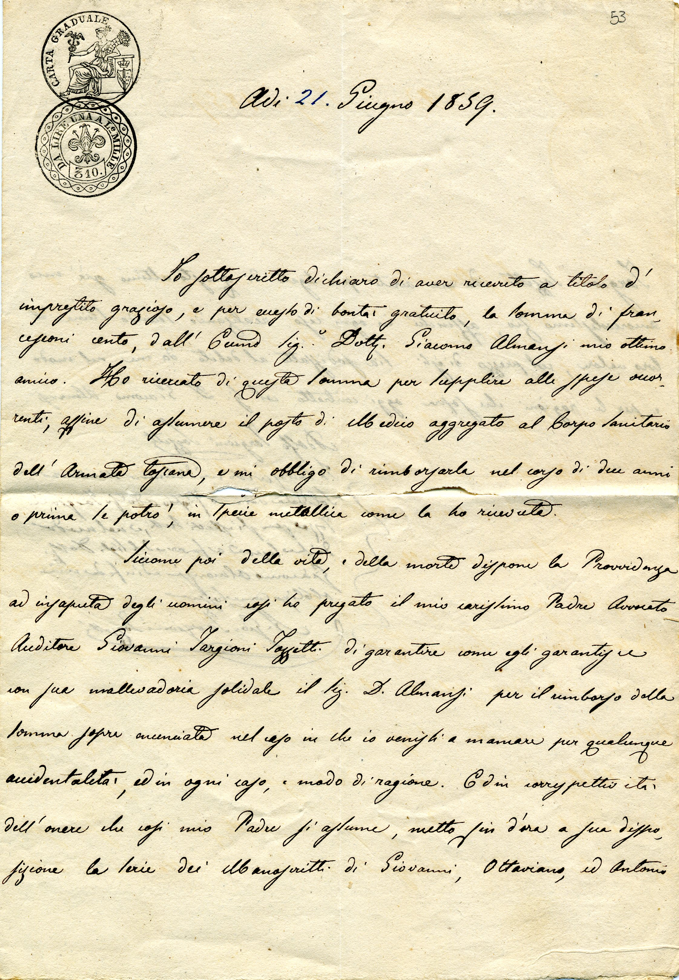 Lettera di Adolfo Targioni Tozzetti