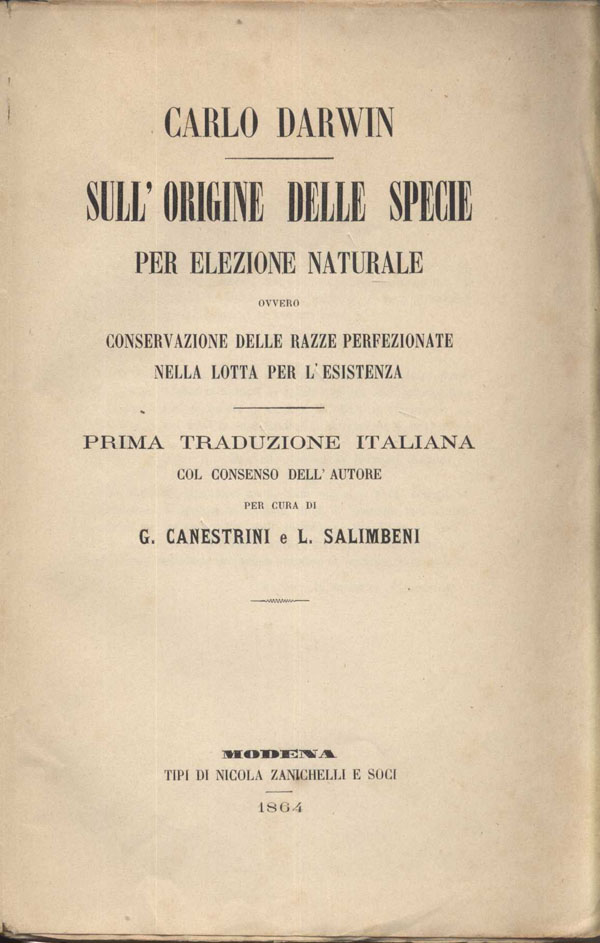 frontespizio di Sull'Origine della Specie a cura di Canestrini