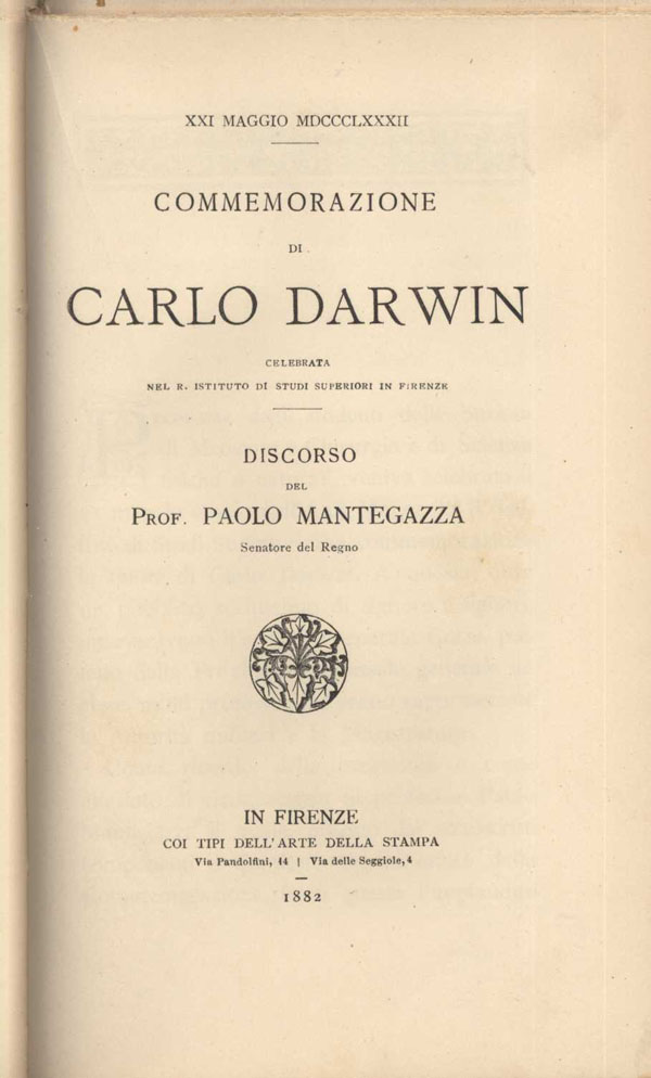 frontespizio di Commemorazione di Carlo Darwin