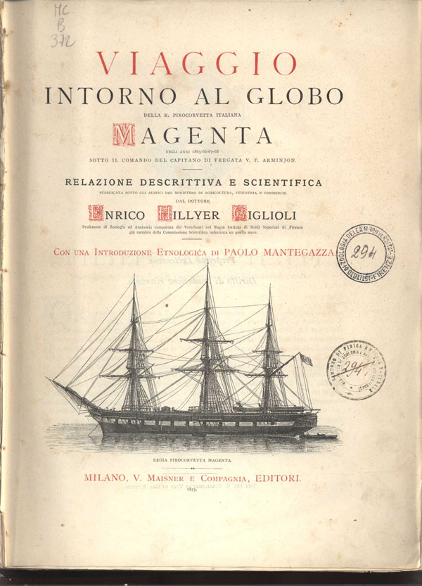 frontespizio di Viaggio intorno al globo della r. pirocorvetta italiana Magenta negli anni 1865-66-67-68 ...