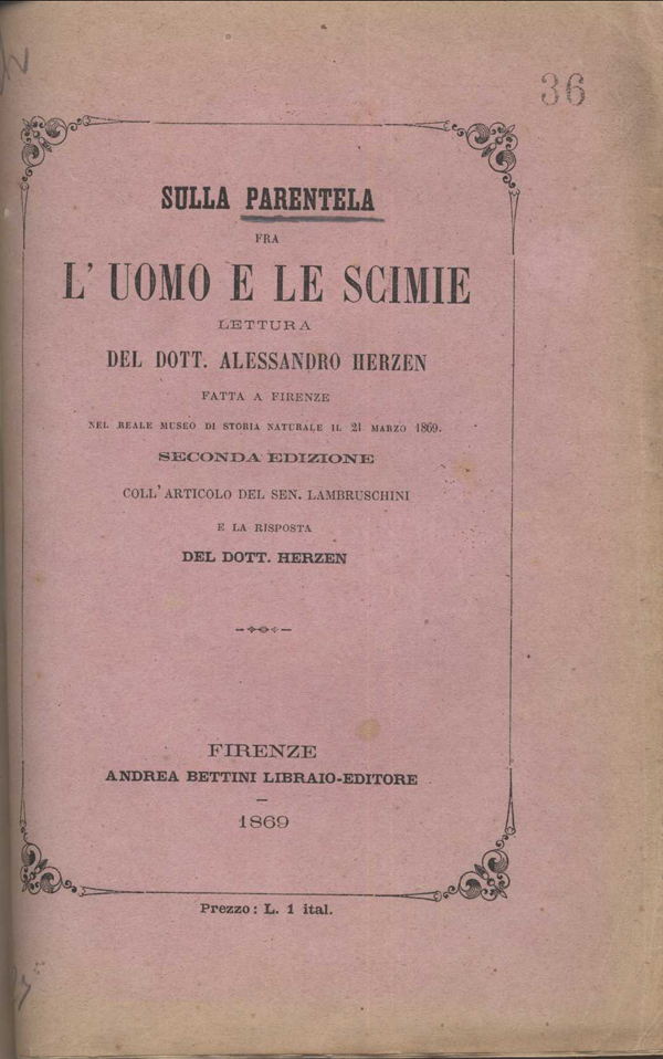 frontespizio di Sulla parentela fra l'uomo e le scimie