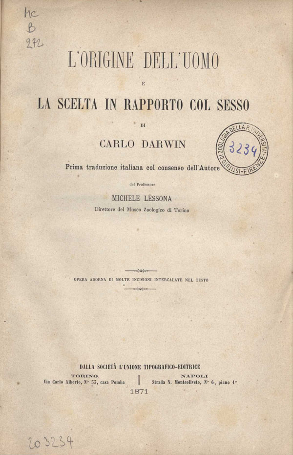 frontespizio di L'Origine dell'uomo e la scelta in rapporto col sesso