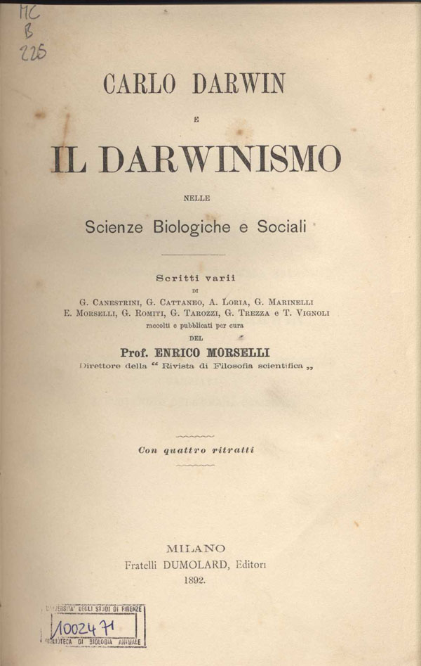 frontespizio di Carlo Darwin e il darwinismo nelle scienze biologiche e sociali