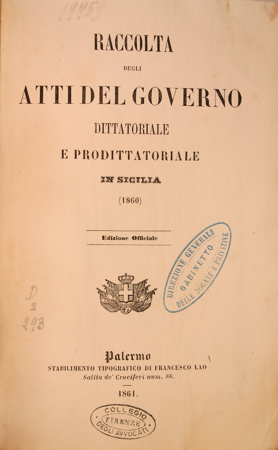 Frontespizio dei Decreti di Garibaldi