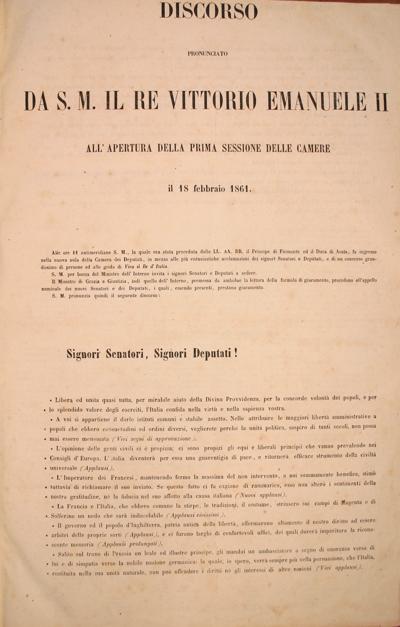 Discorso pronunciato da S.M. il Re Vittorio Emanuele II all'apertura della prima sessione delle Camere il 18 febbraio 1861