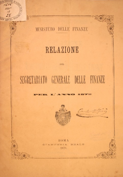 Frontespizio della Relazione del Segretario generale delle Finanze per l'anno 1878