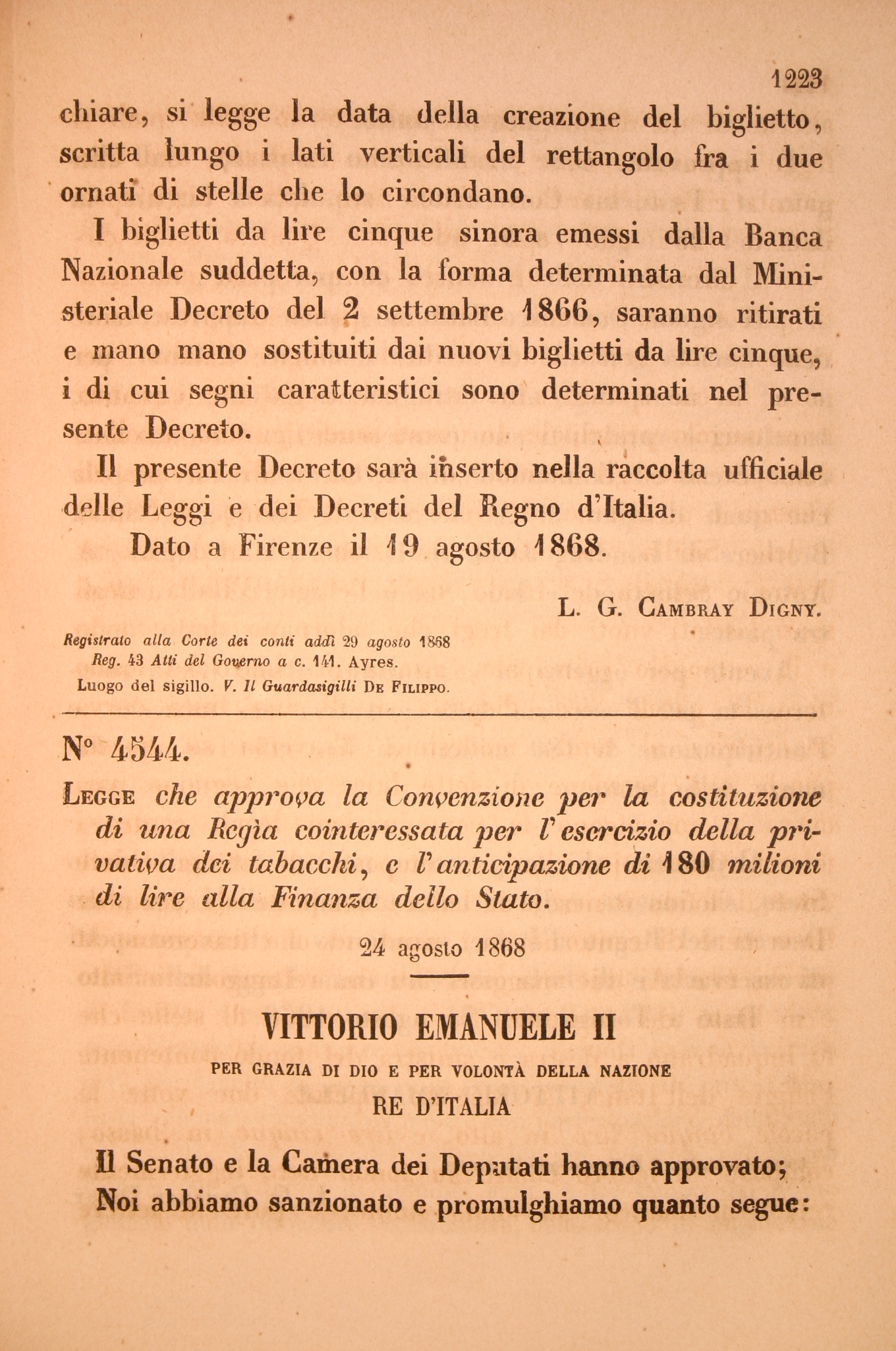 Legge che approva la Convenzione per la costituzione di una Regia cointeressata per l'esercizio della provativa dei tabacchi