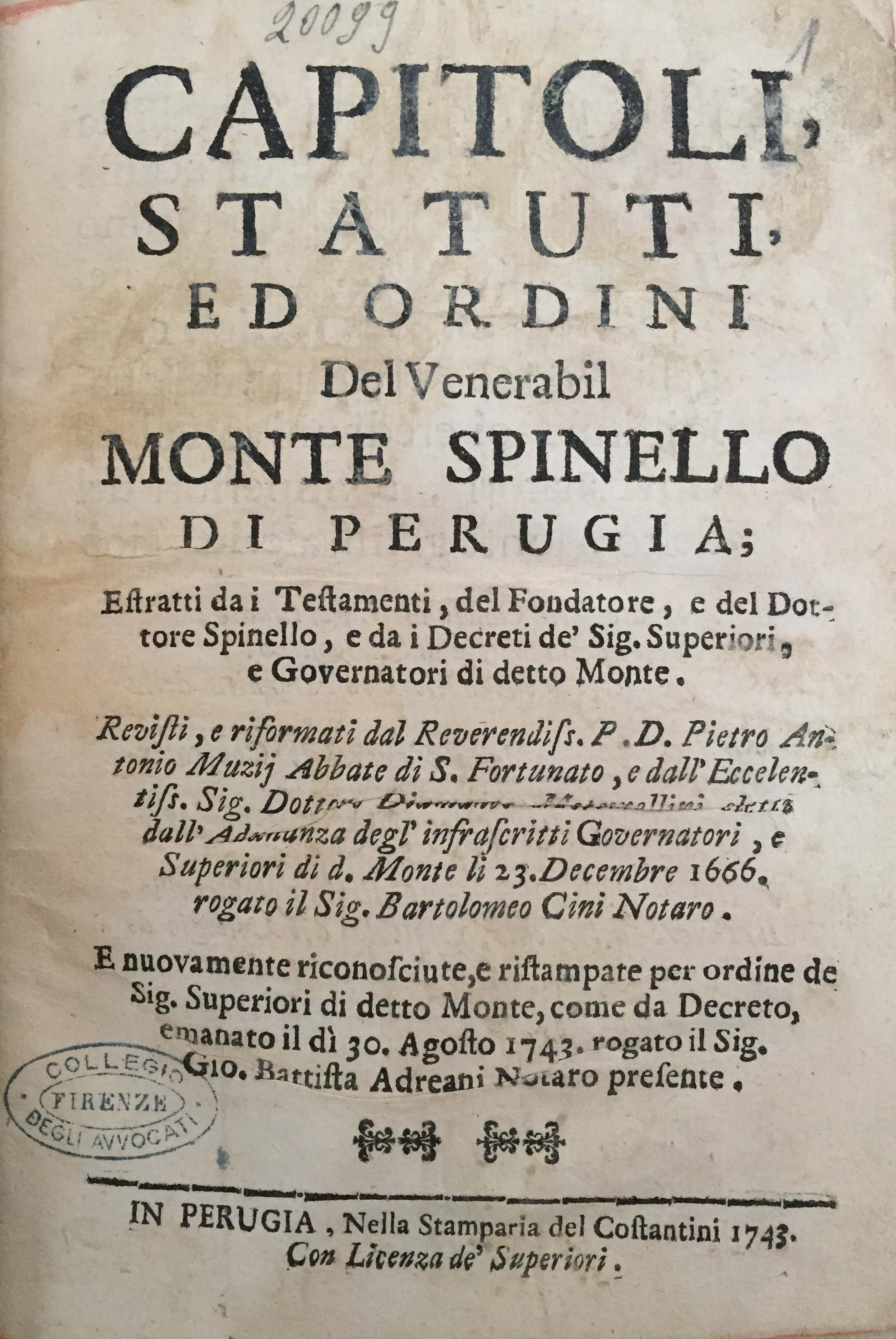 Capitoli, statuti, ed ordini del venerabil monte Spinello di Perugia 