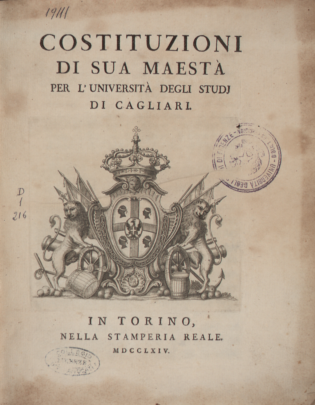 Costituzioni di sua maestà per l’università degli studi di Cagliari