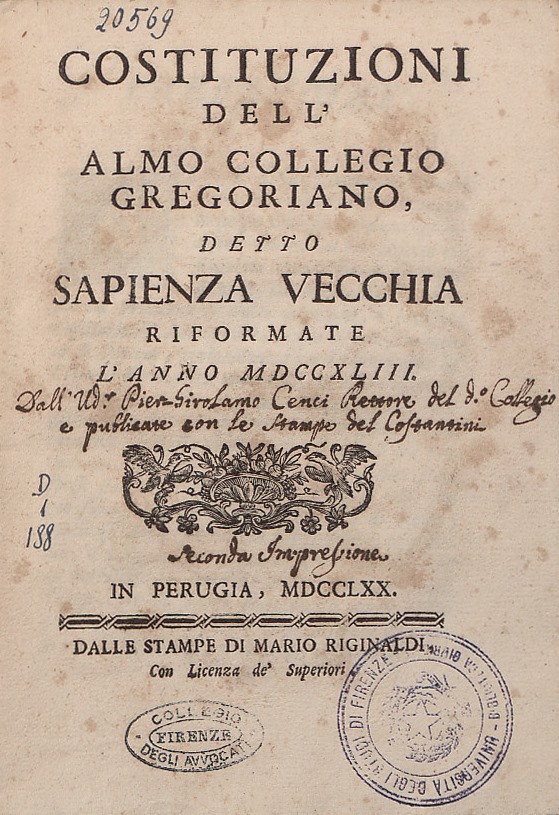 Costituzioni dell’almo collegio gregoriano, detto Sapienza vecchia 