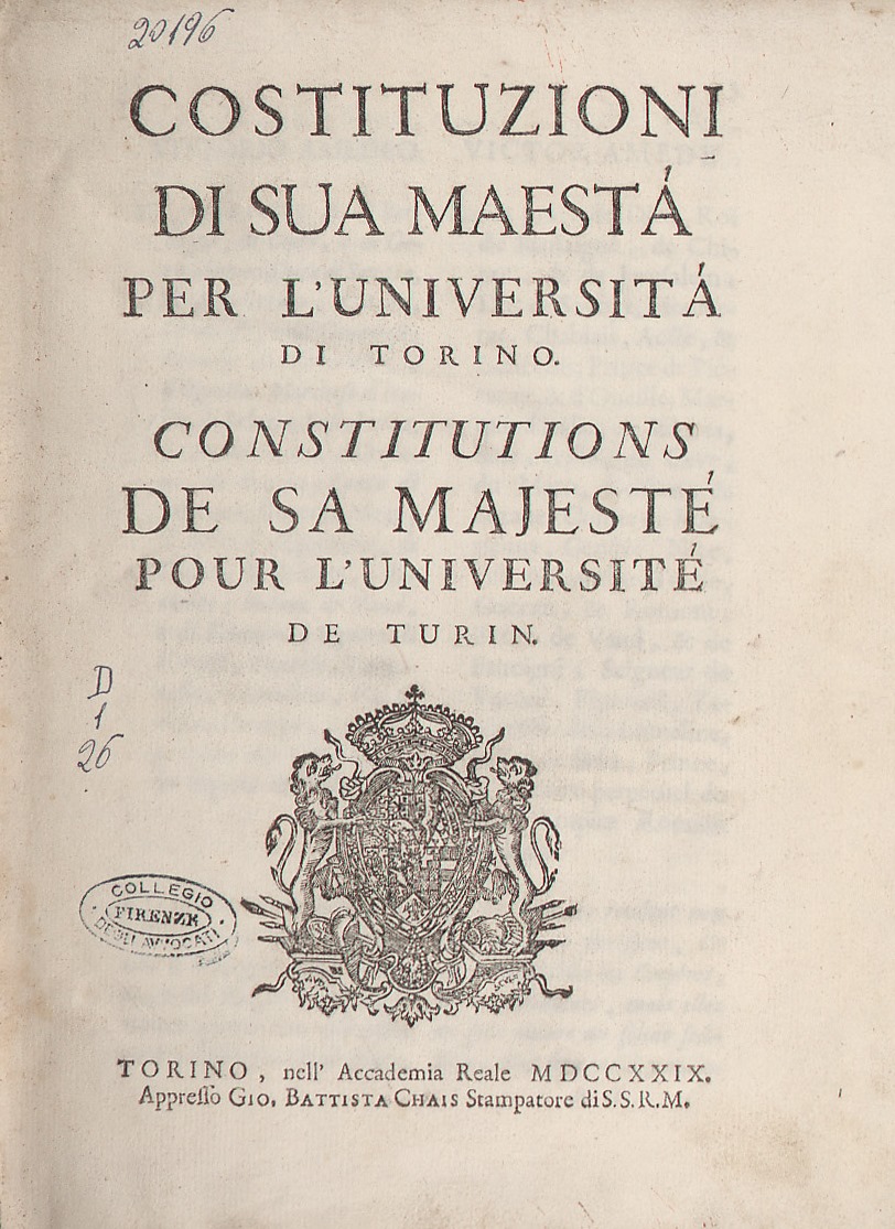 Costituzioni di sua maestà per l’università di Torino
