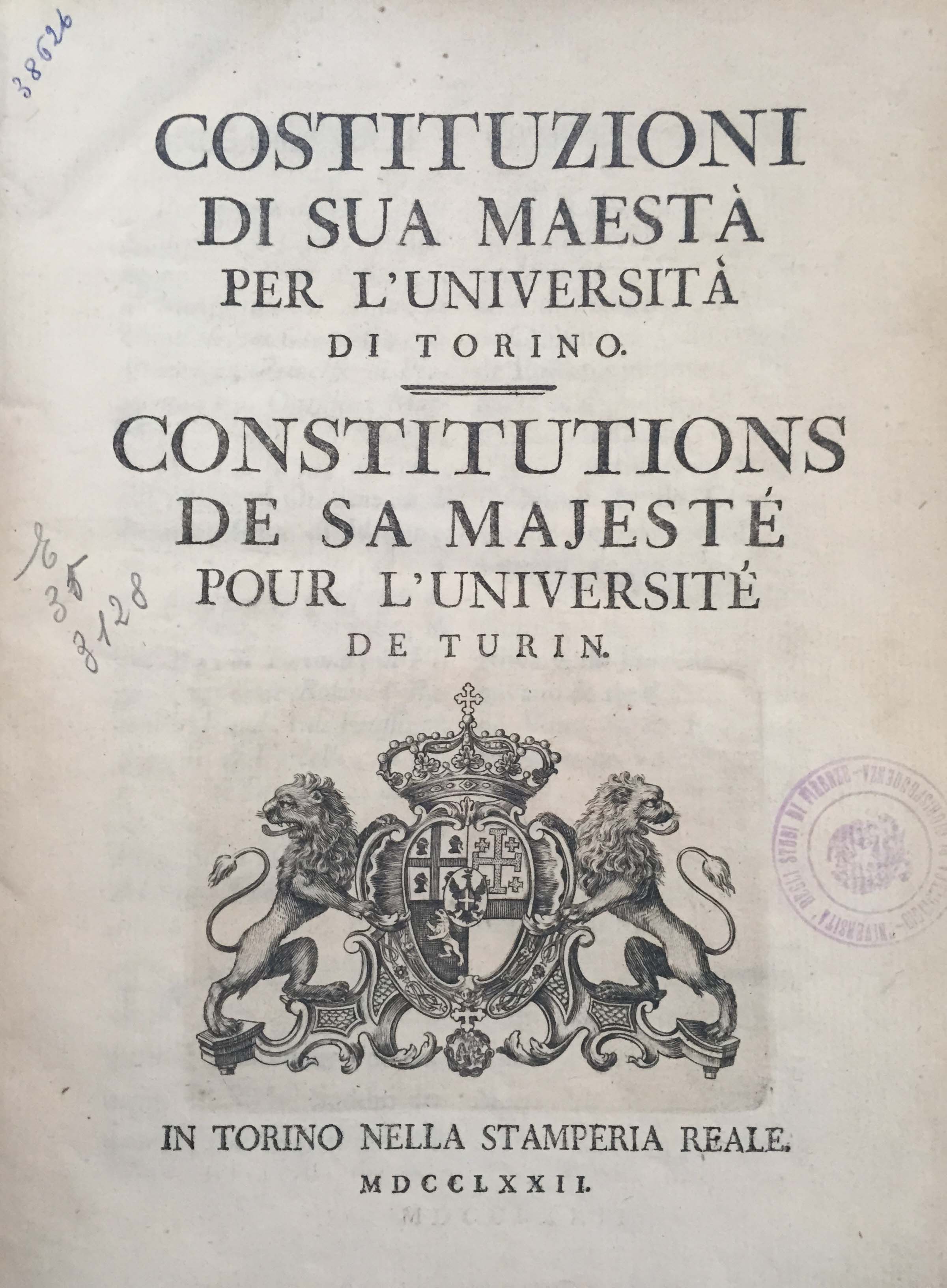 Costituzioni di sua maestà per l’università di Torino