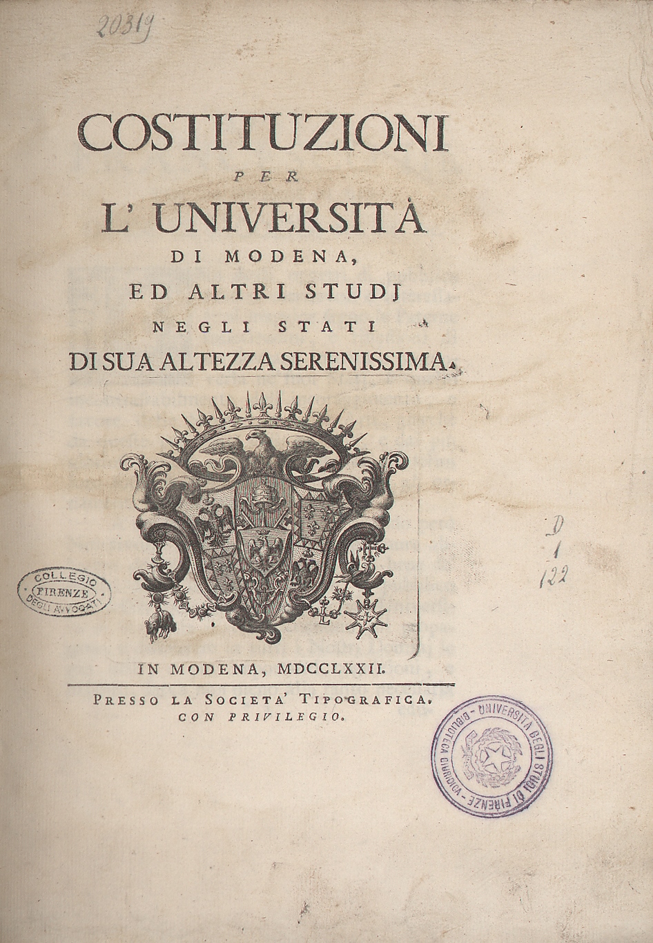 Costituzioni per l’università di Modena, ed altri studi negli stati di sua altezza serenissima