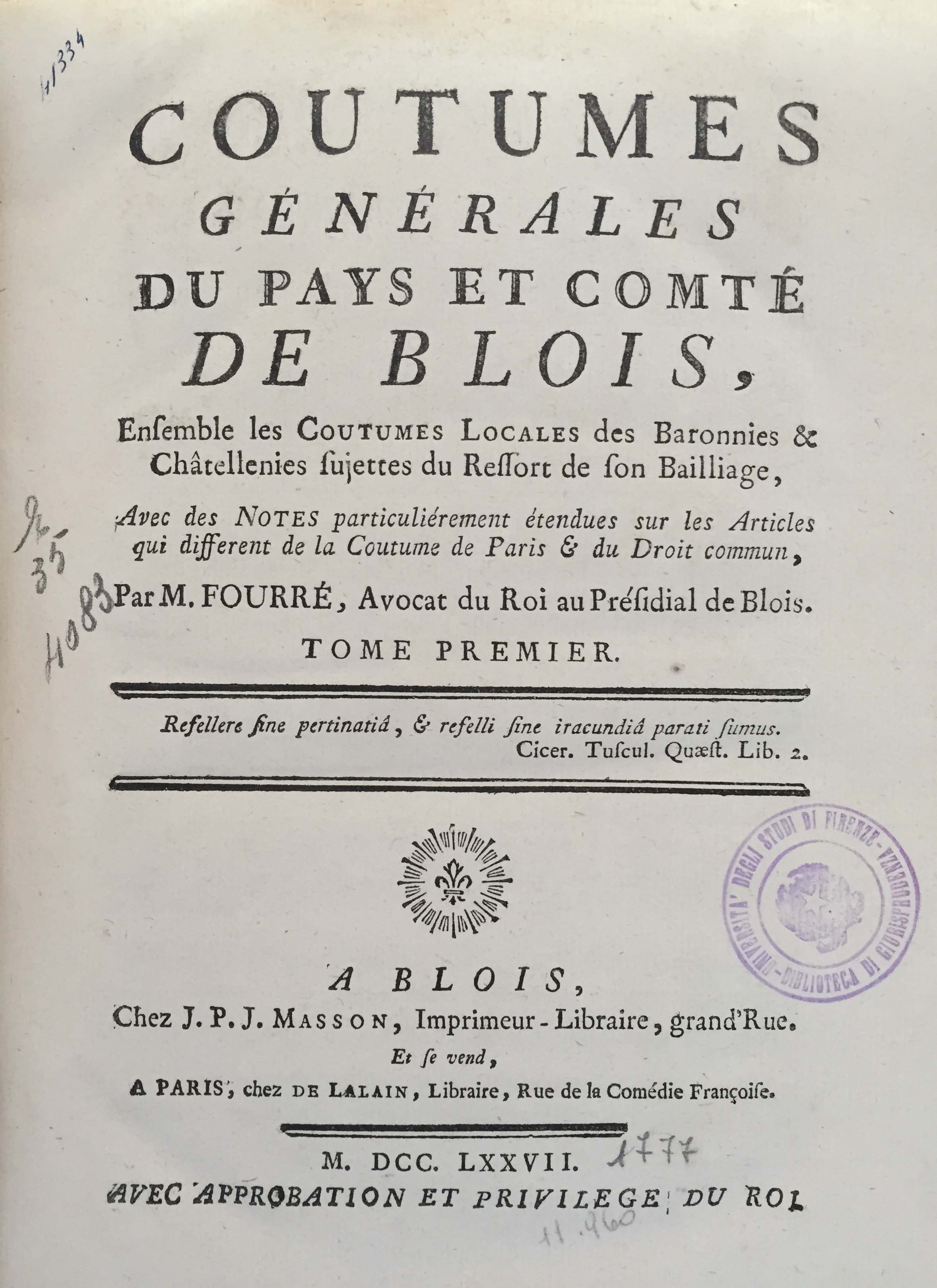 Coutumes générales du pays et comté de Blois