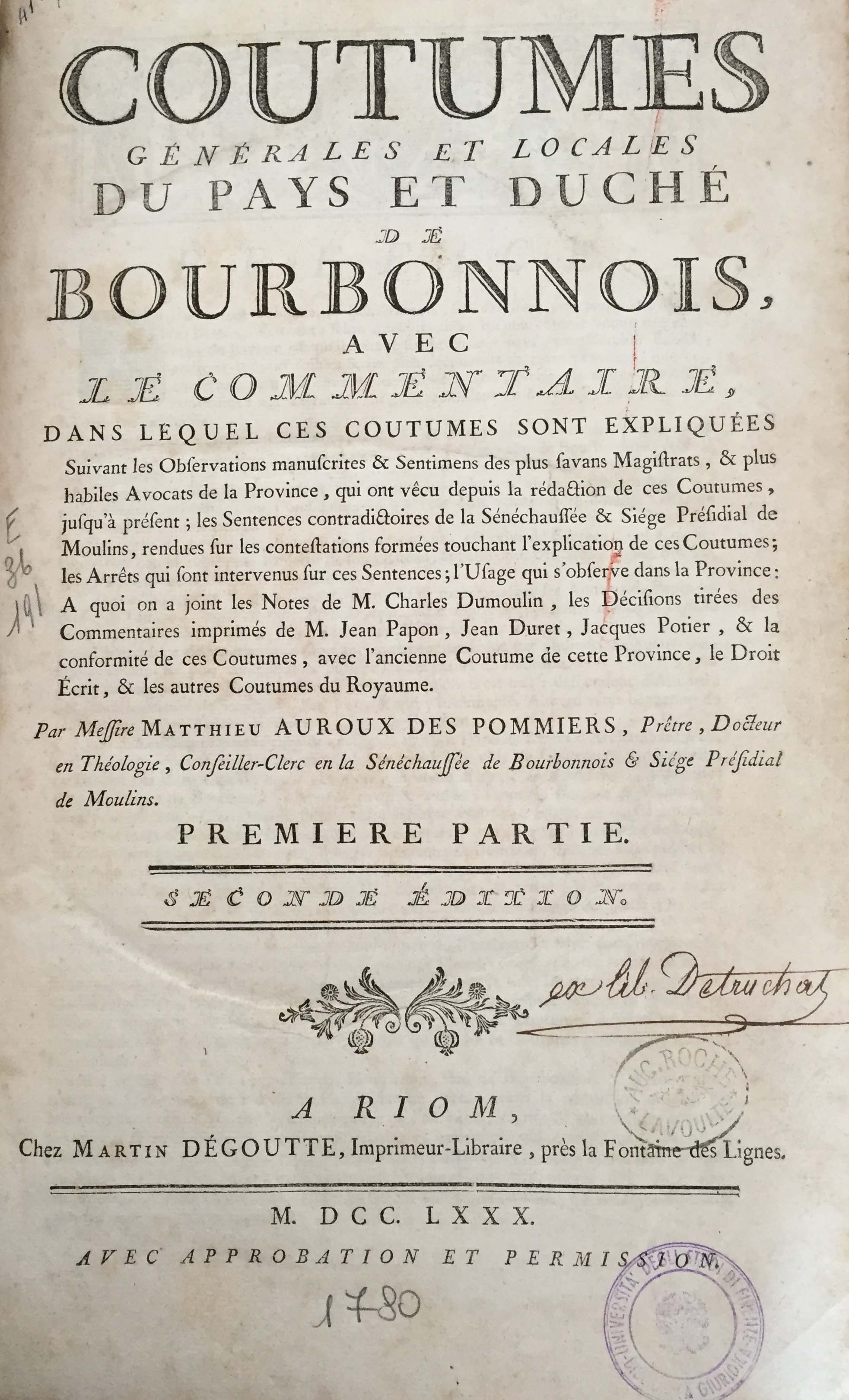 Coutumes générales et locales du pays et duché de Bourbonnois 