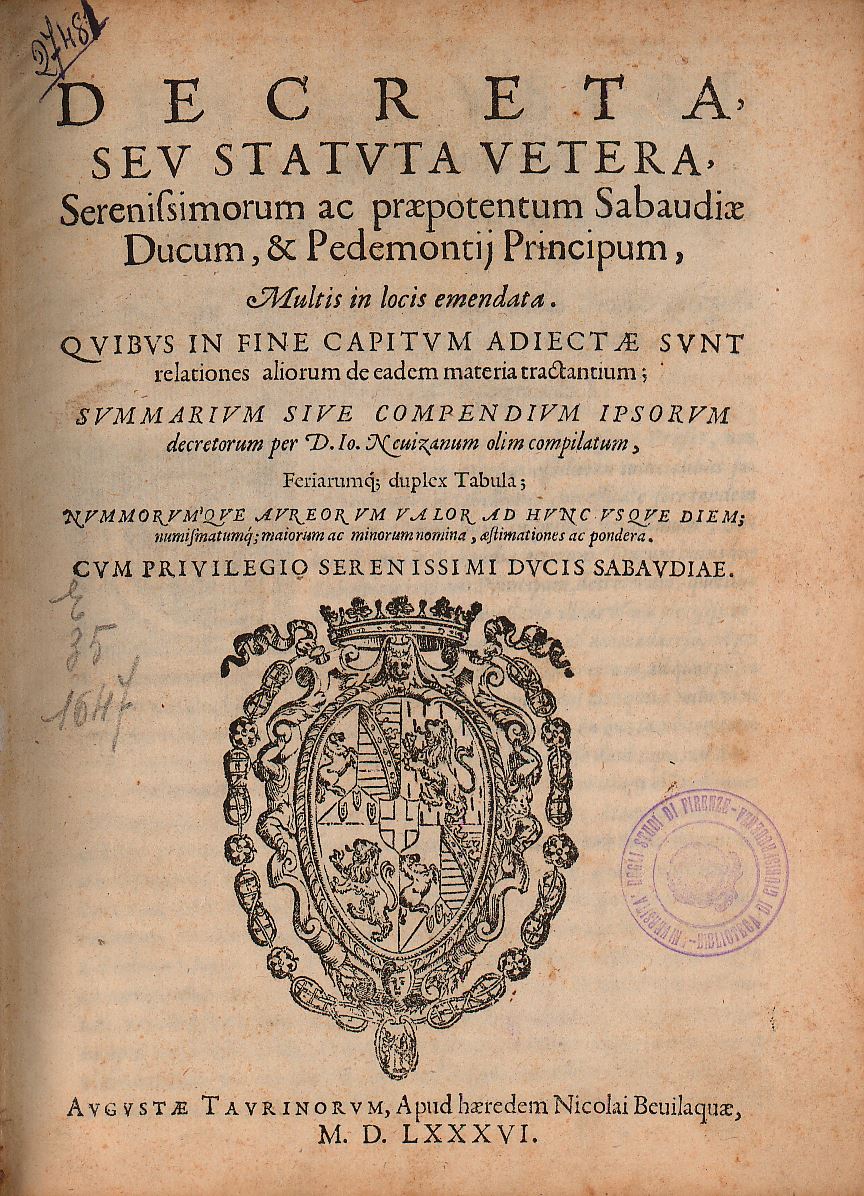 Decreta, seu Statuta vetera, serenissimorum ac praepotentum Sabaudiae ducum