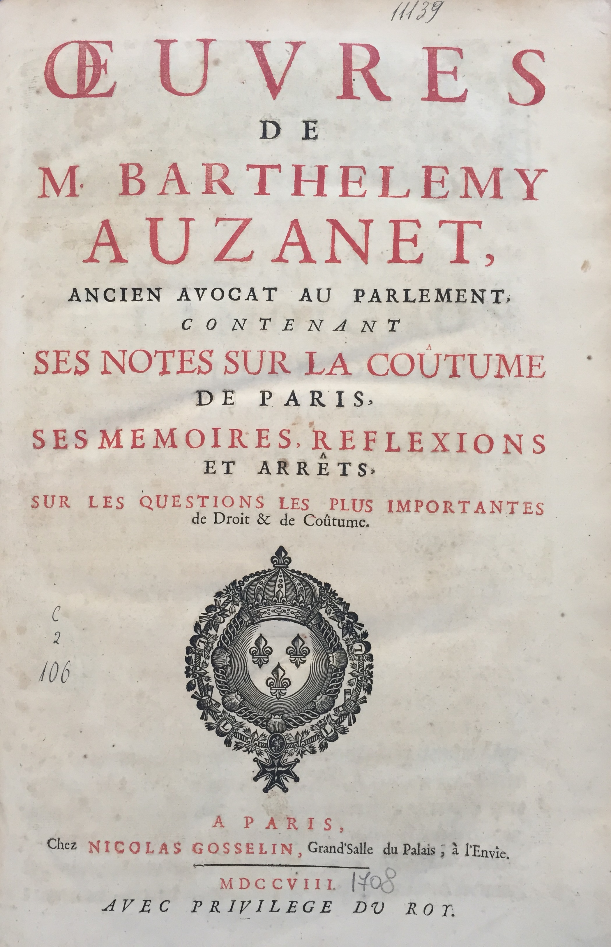 Oeuvres de M. Barthelemy Auzanet 