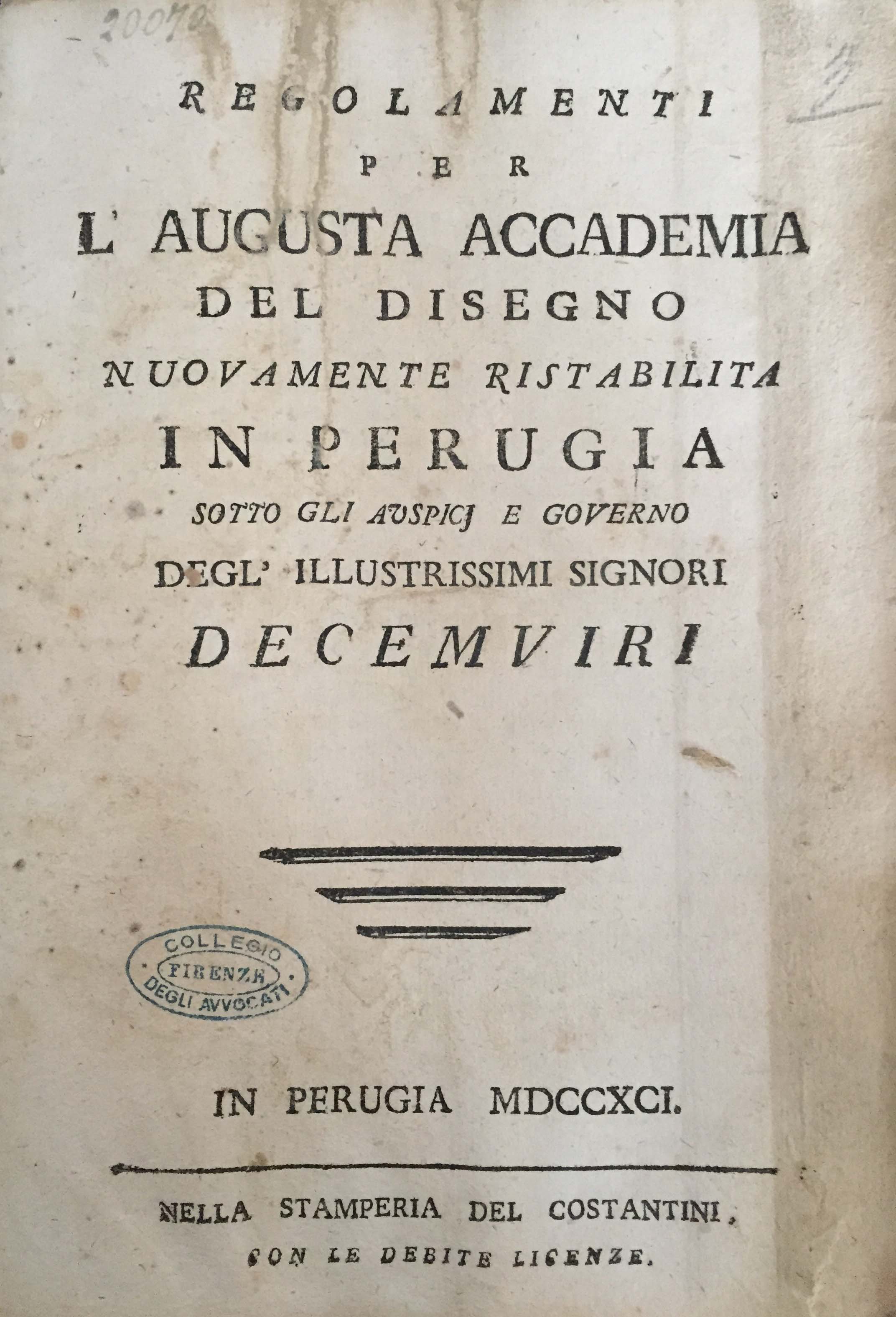 Regolamenti per l’augusta accademia del disegno nuovamente ristabilita in Perugia