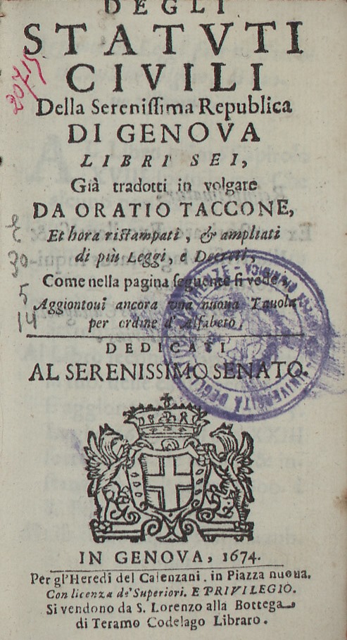 Degli statuti civili della serenissima republica di Genova 
