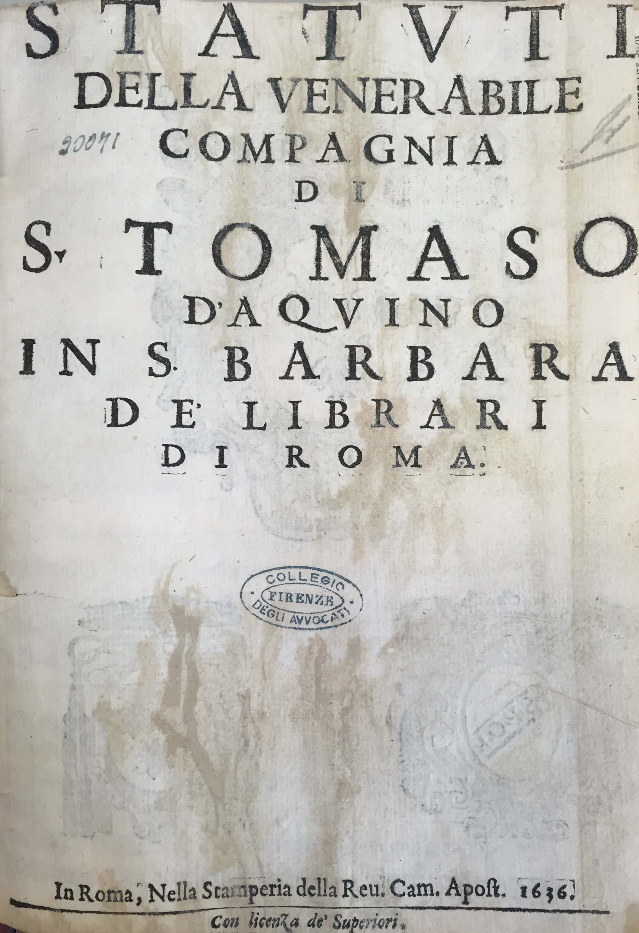 Statuti della venerabile compagnia di S. Tomaso d’Aquino in S. Barbara de’ librari di Roma