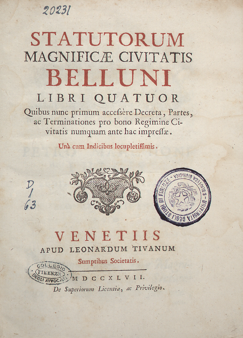 Statutorum magnificae civitatis Belluni libri quatuor 