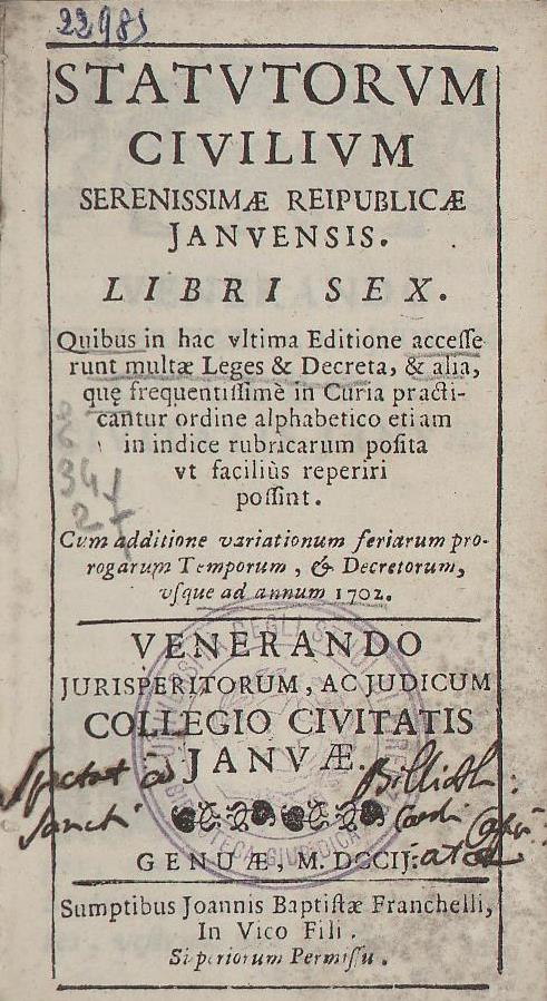 Statutorum civilium serenissimae reipublicae Ianuensis 
