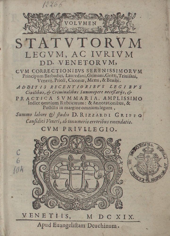 Volumen statutorum, legum, ac iurium DD. Venetorum